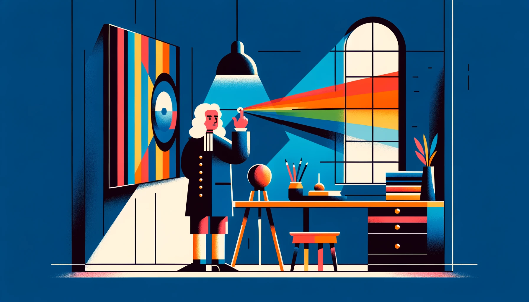 Sir Isaac Newton conducting his experiment on the refraction of light.Newton holds a prism, through which a beam of light is passing and dispersing into a spectrum of colors against the wall. This references his discovery of the visible spectrum.